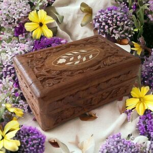 Hand Carved Wood Trinket Box Inlaid MOP Abalone Jewelry Vintage Hinged Bohemian.